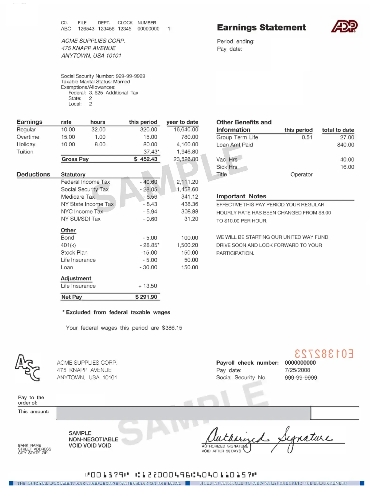 An ADP pay stub includes a breakdown of wages earned, taxes withheld, and other deductions. ADP Pay Stub Template